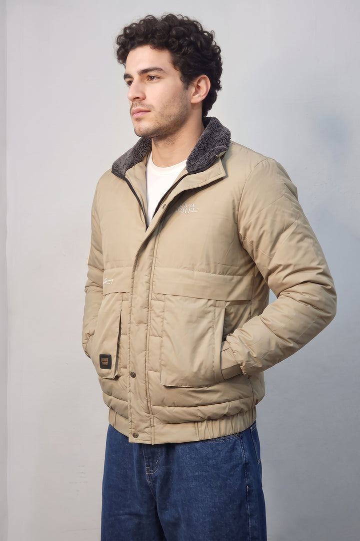 Cream Quilted Puffer Jacket with Sherpa Collar Full-Zip Winter Jacket