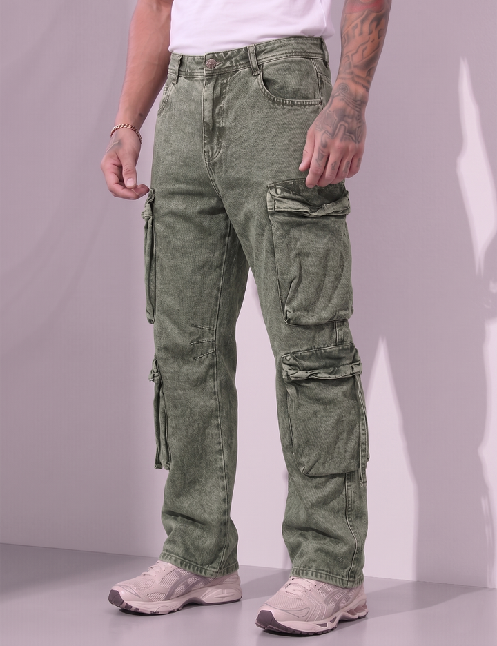 Green Men Button Closure Denim Cargo