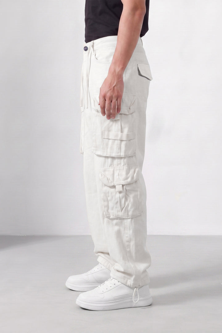 White Mens Solid 8-Pocket Cotton Cargo Pant