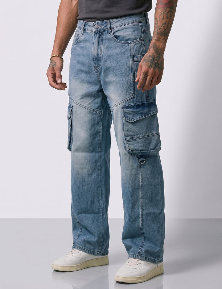 Grey Blue Men Pocket Denim Cargo