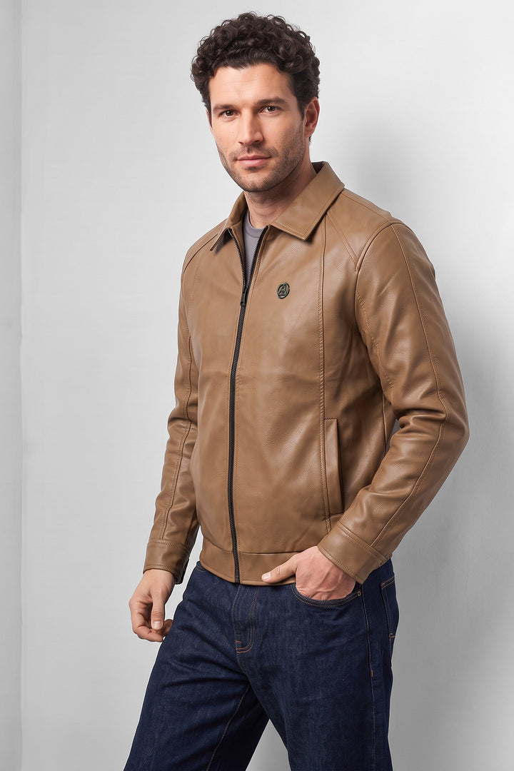 Brown Textured Faux Leather Zip-Front Jacket