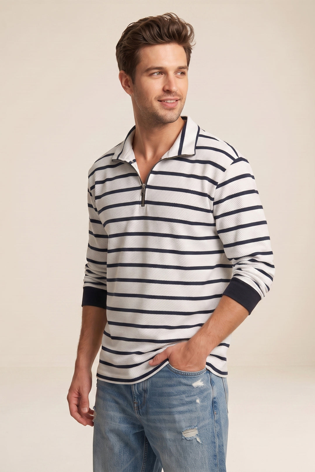 White Full Sleeve Striped Zipper T-Shirt