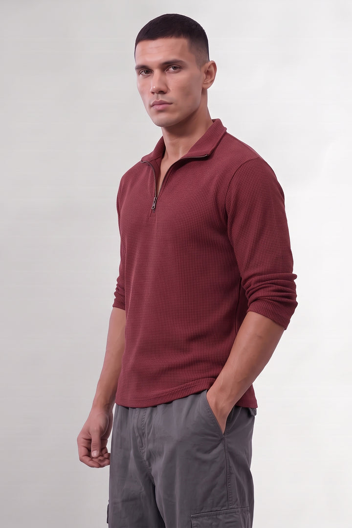 Maroon Self Design Zipper T-Shirt