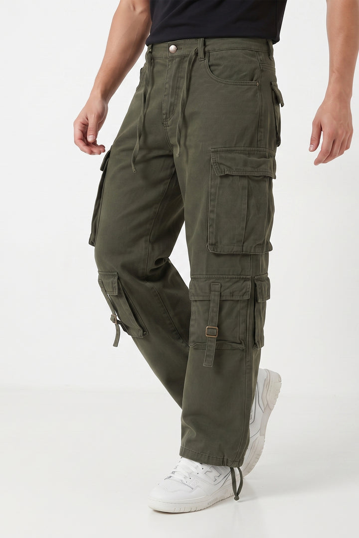Gritstones Men's Green Utility 10 Pocket Cargo Pants