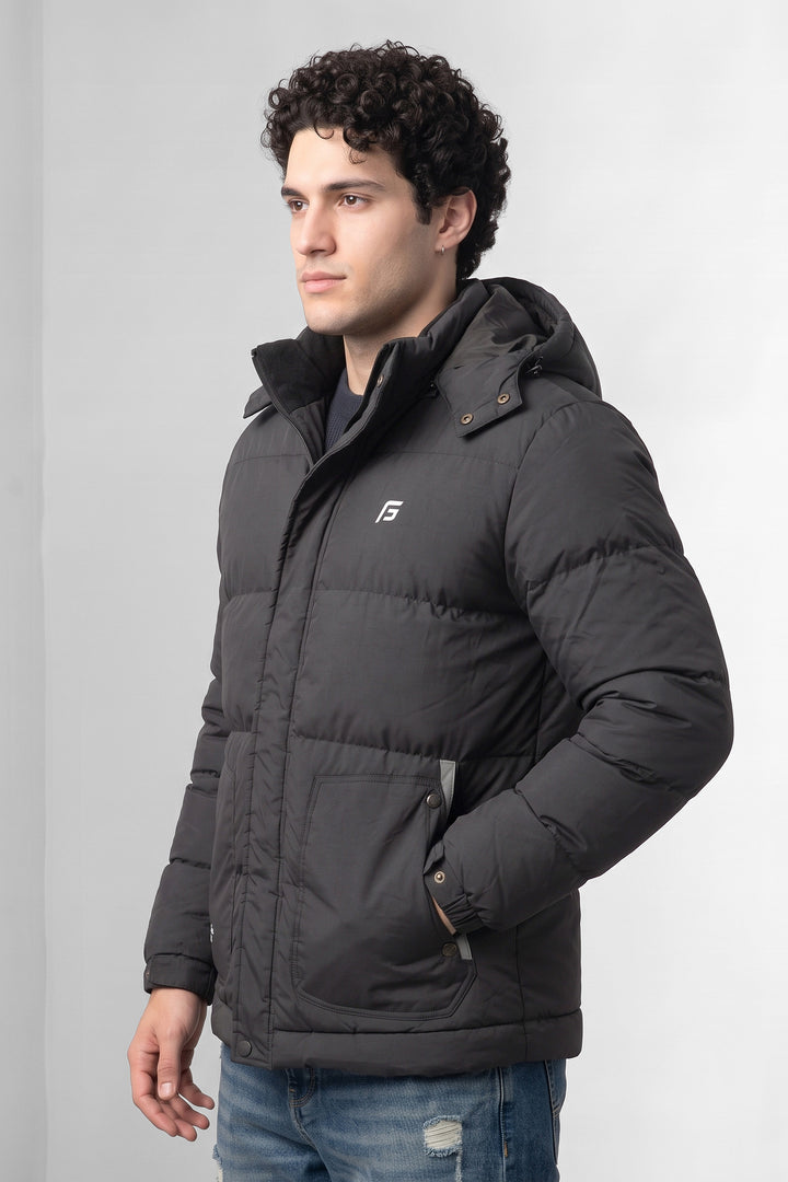 Grey Hooded Padded Winter Jacket with Detachable Hood