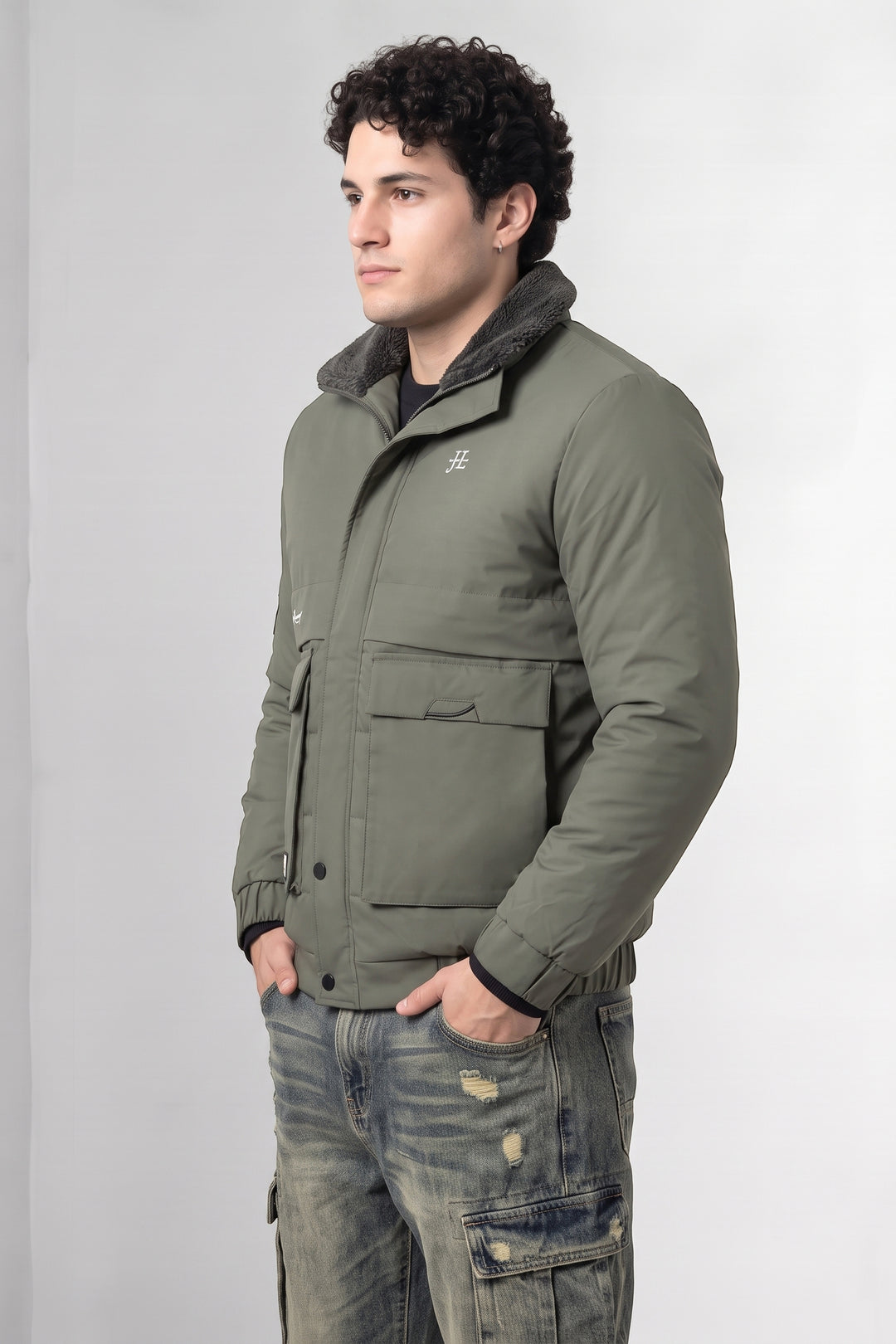 Green Quilted Puffer Jacket with Fur Collar