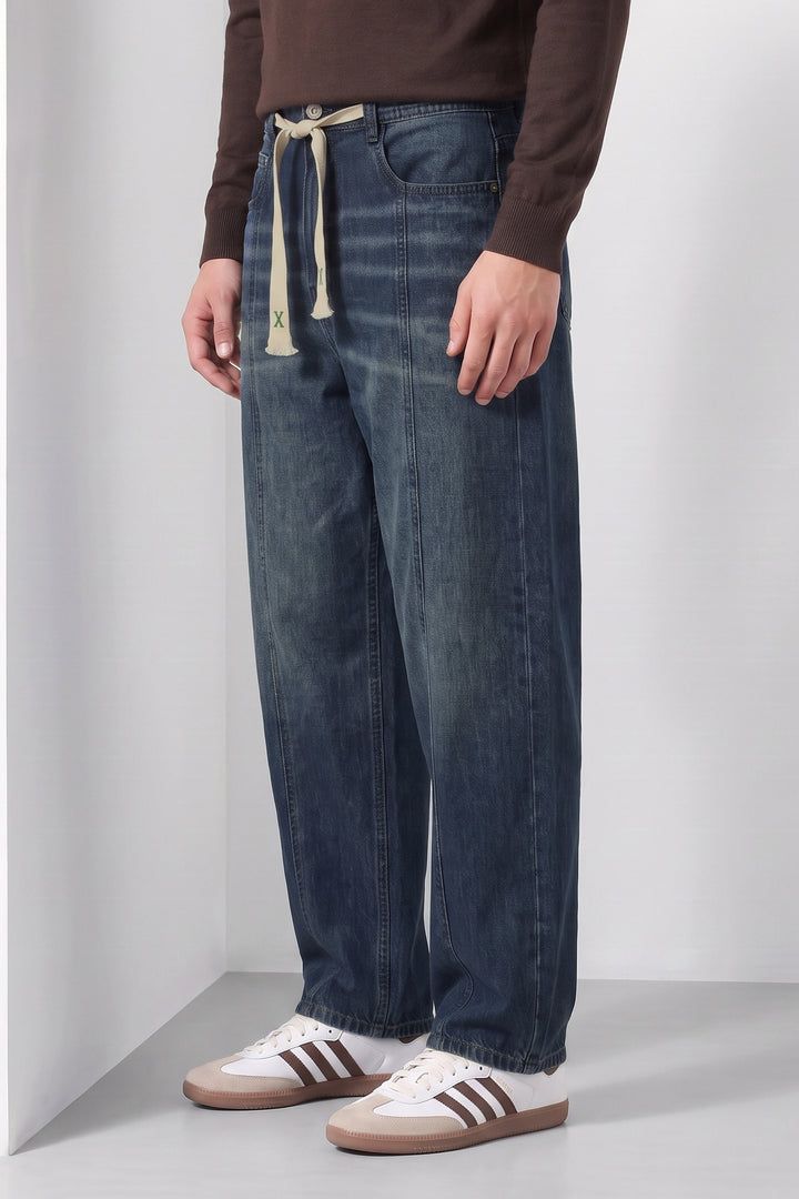 Blue Barrel Fit Denim Jeans with Contrast Drawstring Detail