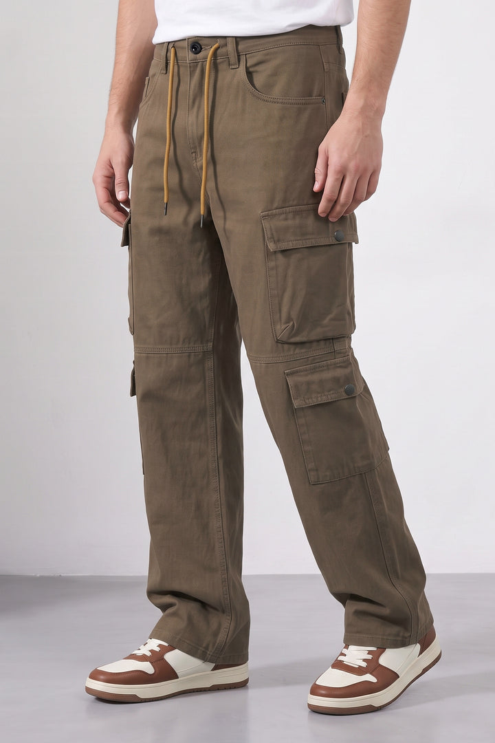Brown Men 8 Multi Pocket Cotton Cargo Trousers