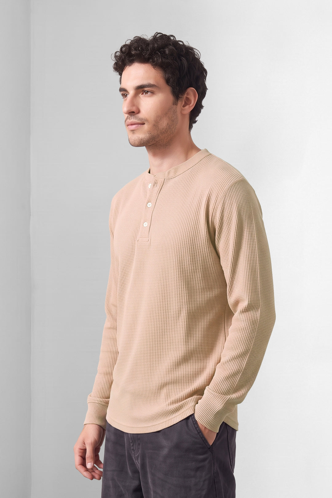 Peach Waffle-Knit Long Sleeve Henley T-Shirt