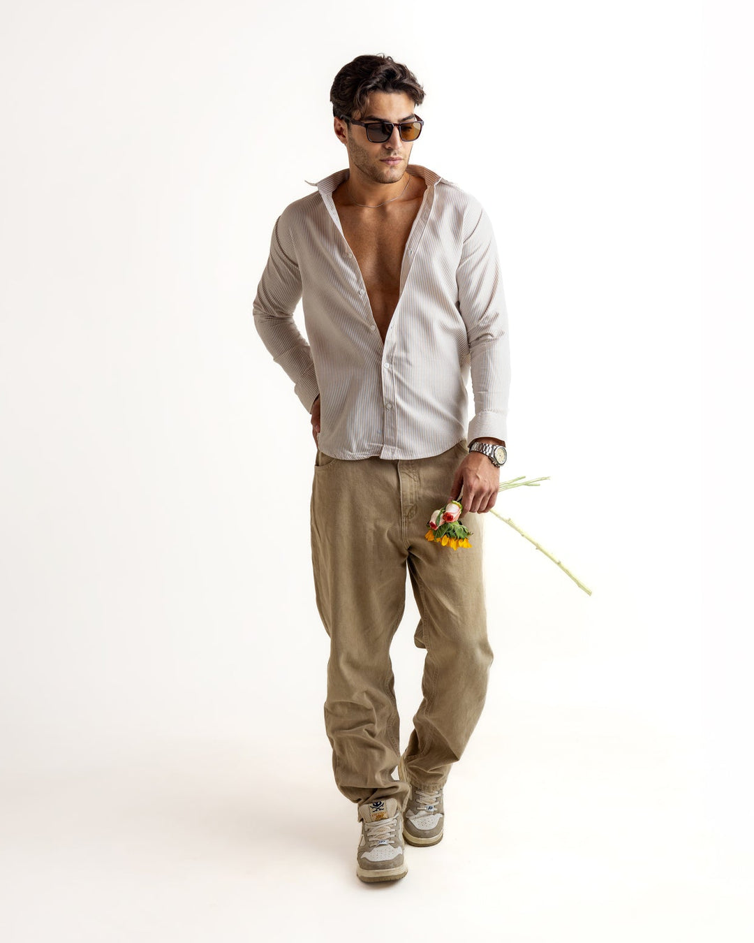 Cream Striped Full Sleeve Cotton Shirt
