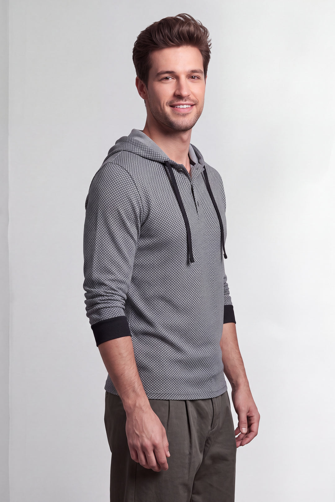 Grey Black Self design Placket Hooded T-Shirt