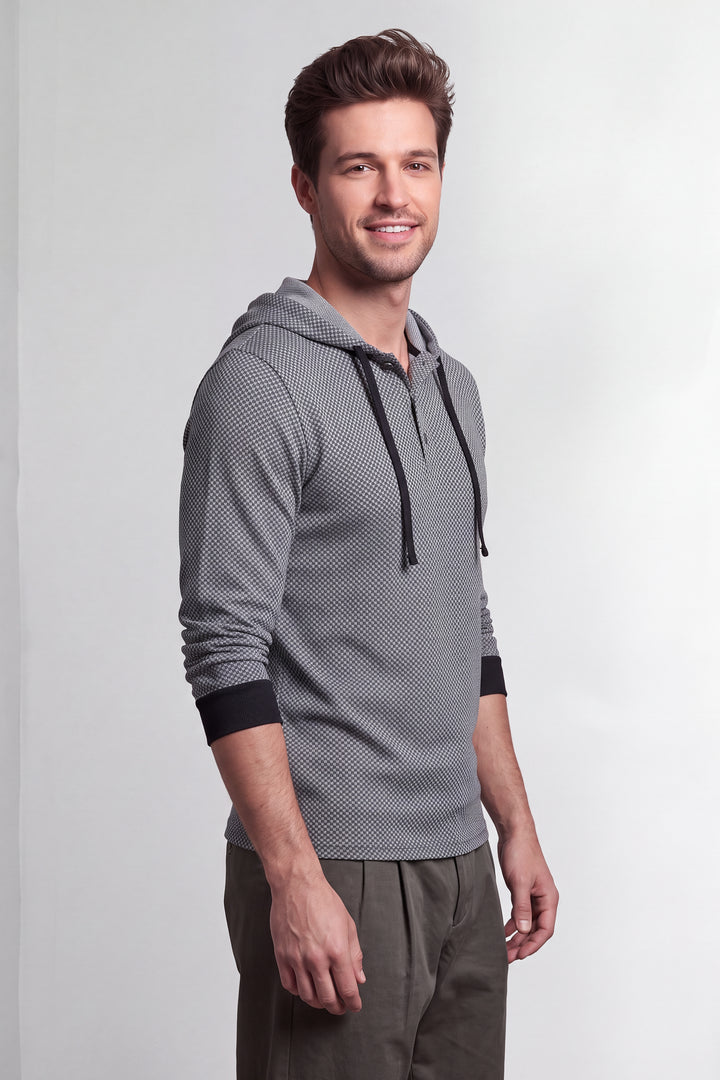 Grey Black Self design Placket Hooded T-Shirt