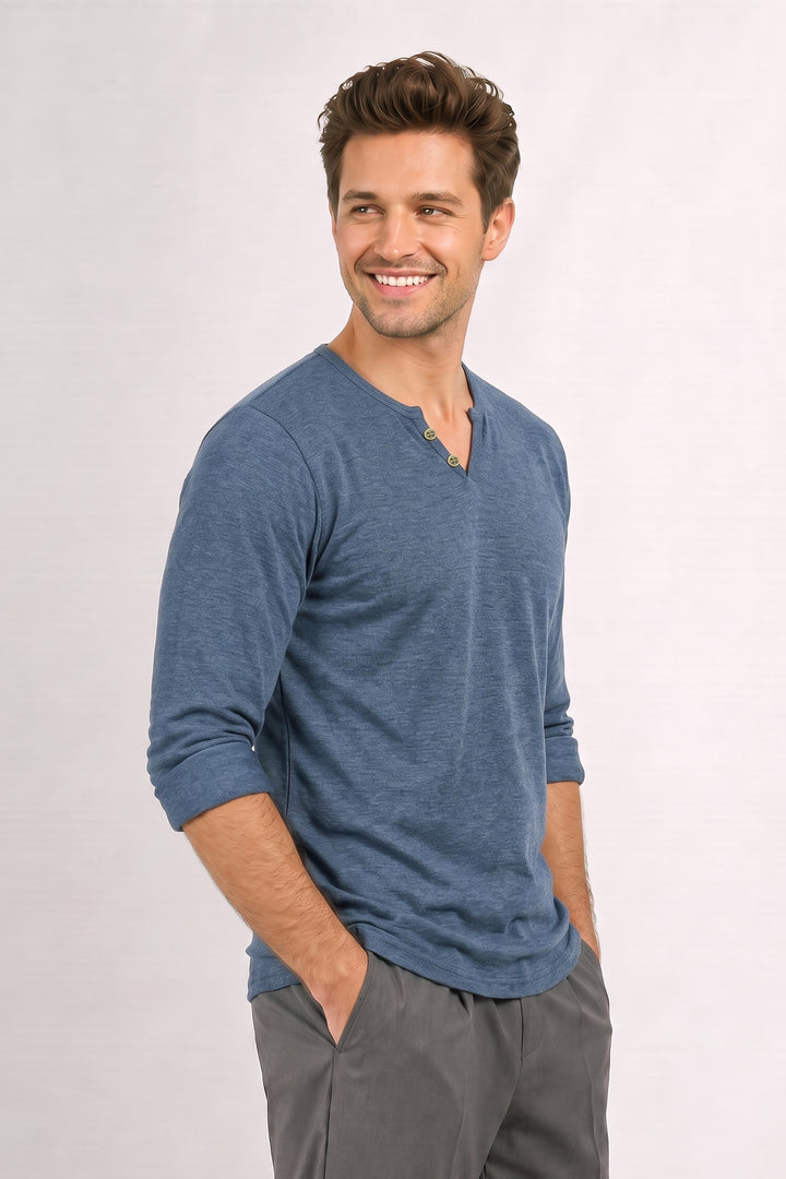 Blue Cotton Knit Full Sleeve Henley T-Shirt