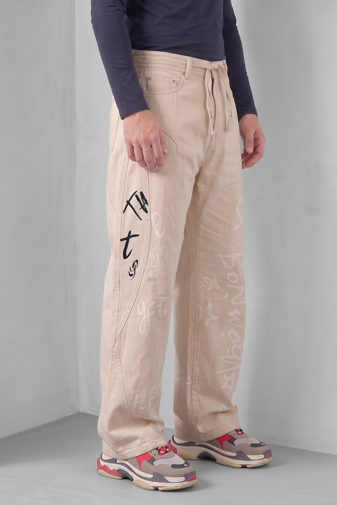 Cream Typographic Denim Jeans with Contrast Drawstring Detail