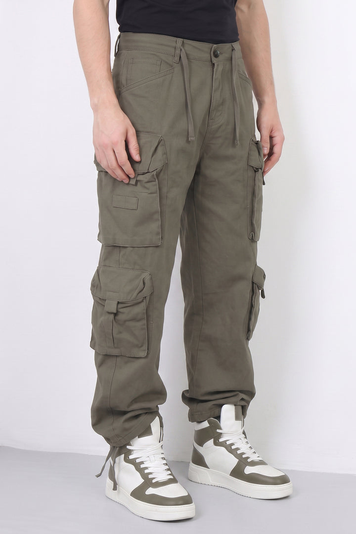 Olive Green Mens Solid 8-Pocket Cotton Cargo Pant