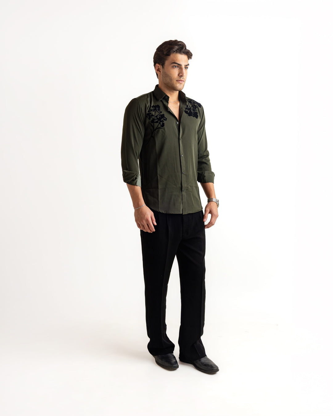 Olive Flocking Flowy Japanese Shirt