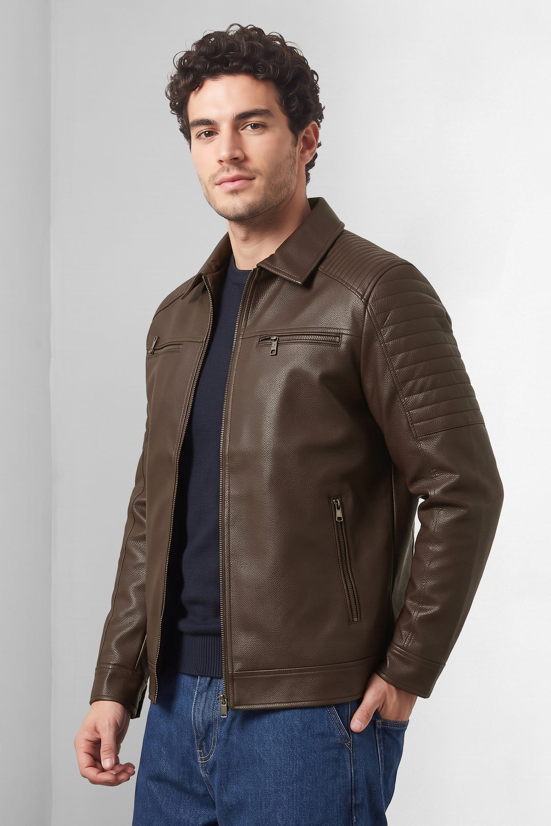 Brown Structured Textured Leather-Style Jacket