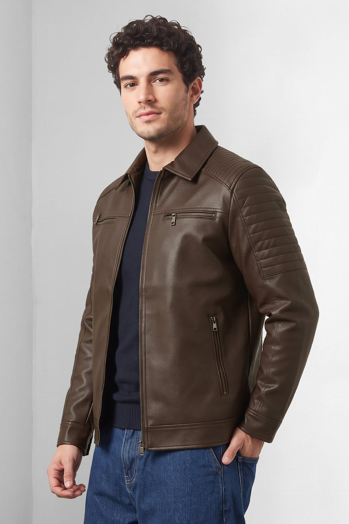 Brown Structured Textured Leather-Style Jacket