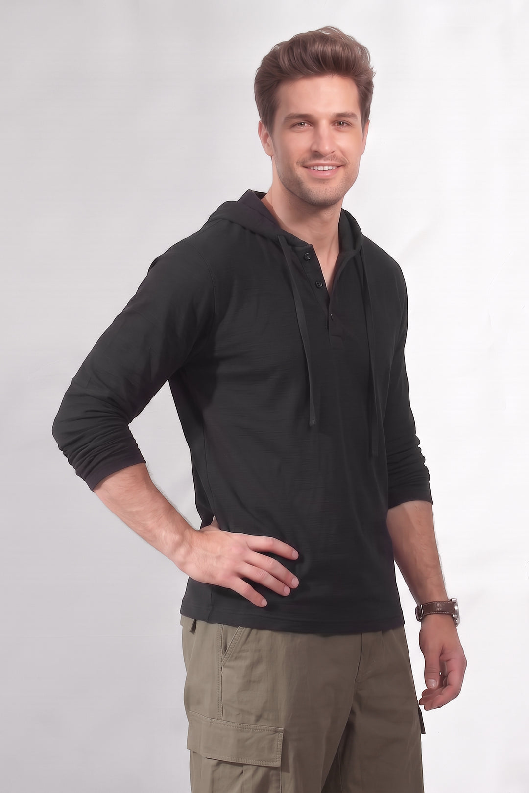 Black Ottoman Placket Hooded T-Shirt