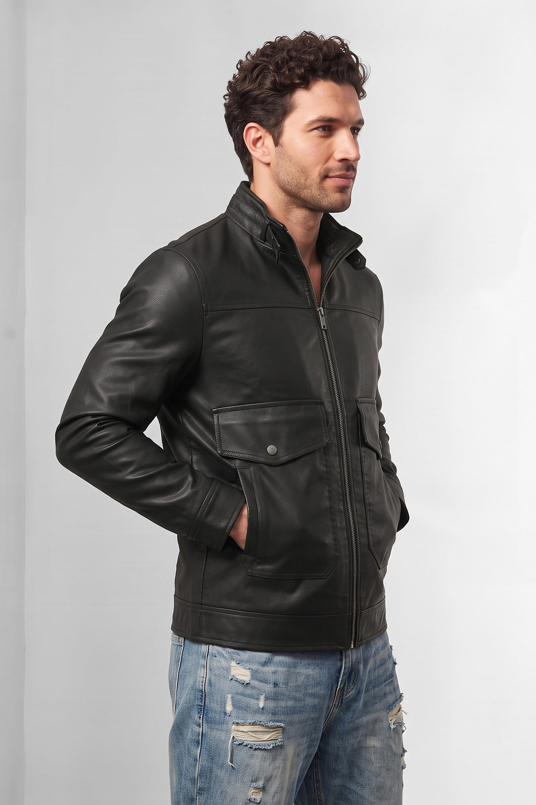 Black Faux Leather Utility Jacket Full-Zip Winter Jacket