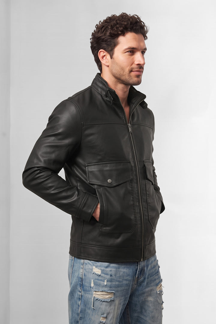 Black Faux Leather Utility Jacket Full-Zip Winter Jacket