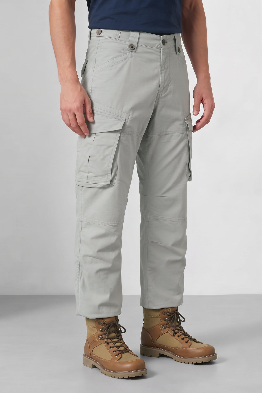 Grey Black Men 8 Multi Pocket Cotton Cargo Trousers