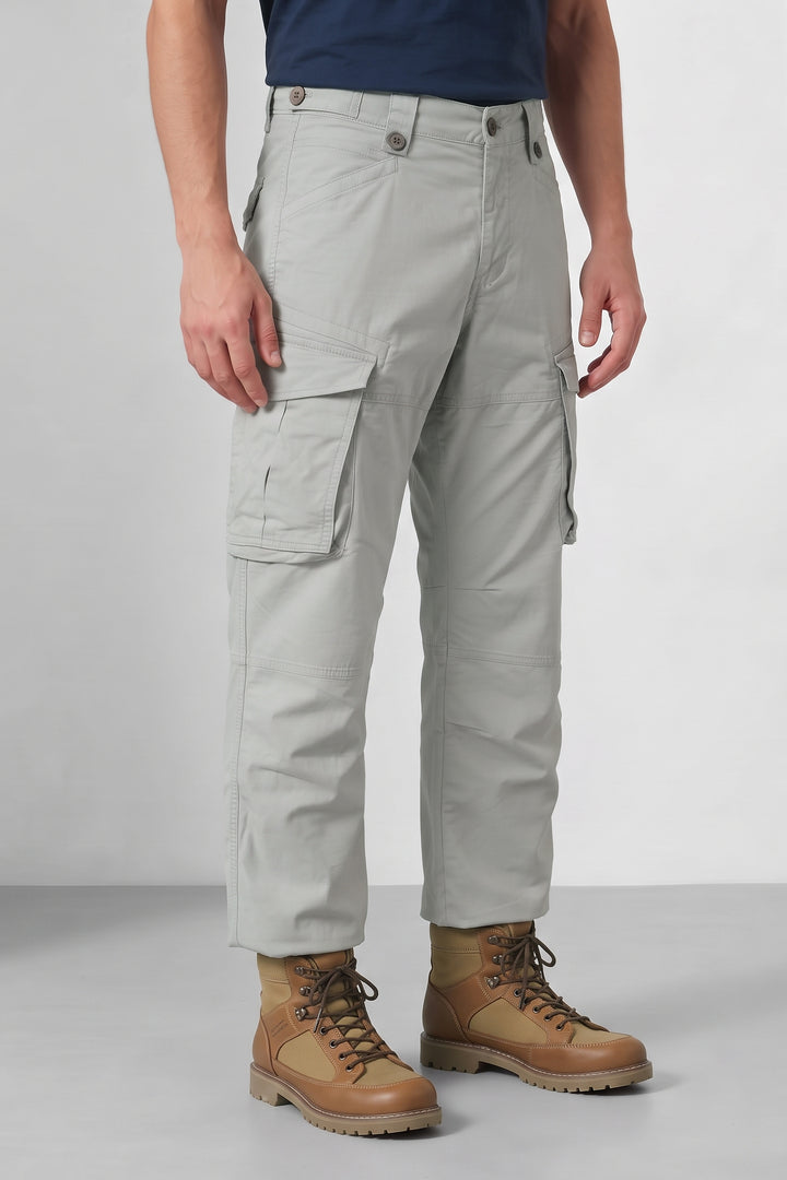 Grey Black Men 8 Multi Pocket Cotton Cargo Trousers