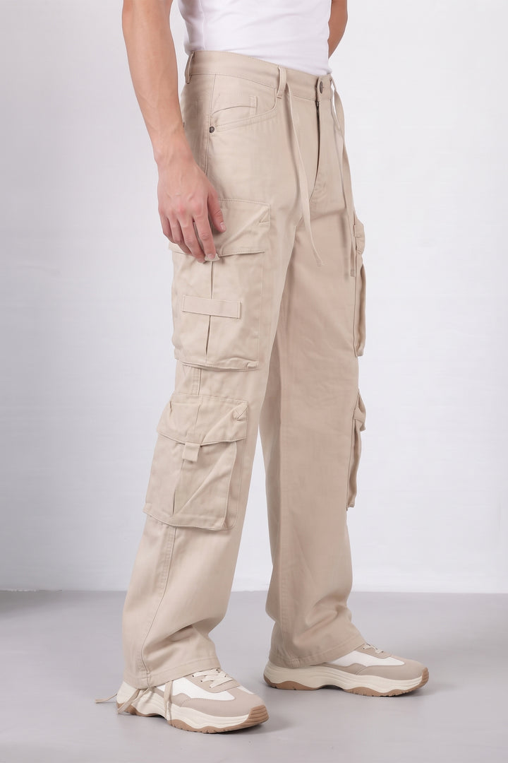 Cream Mens Solid 8-Pocket Cotton Cargo Pant