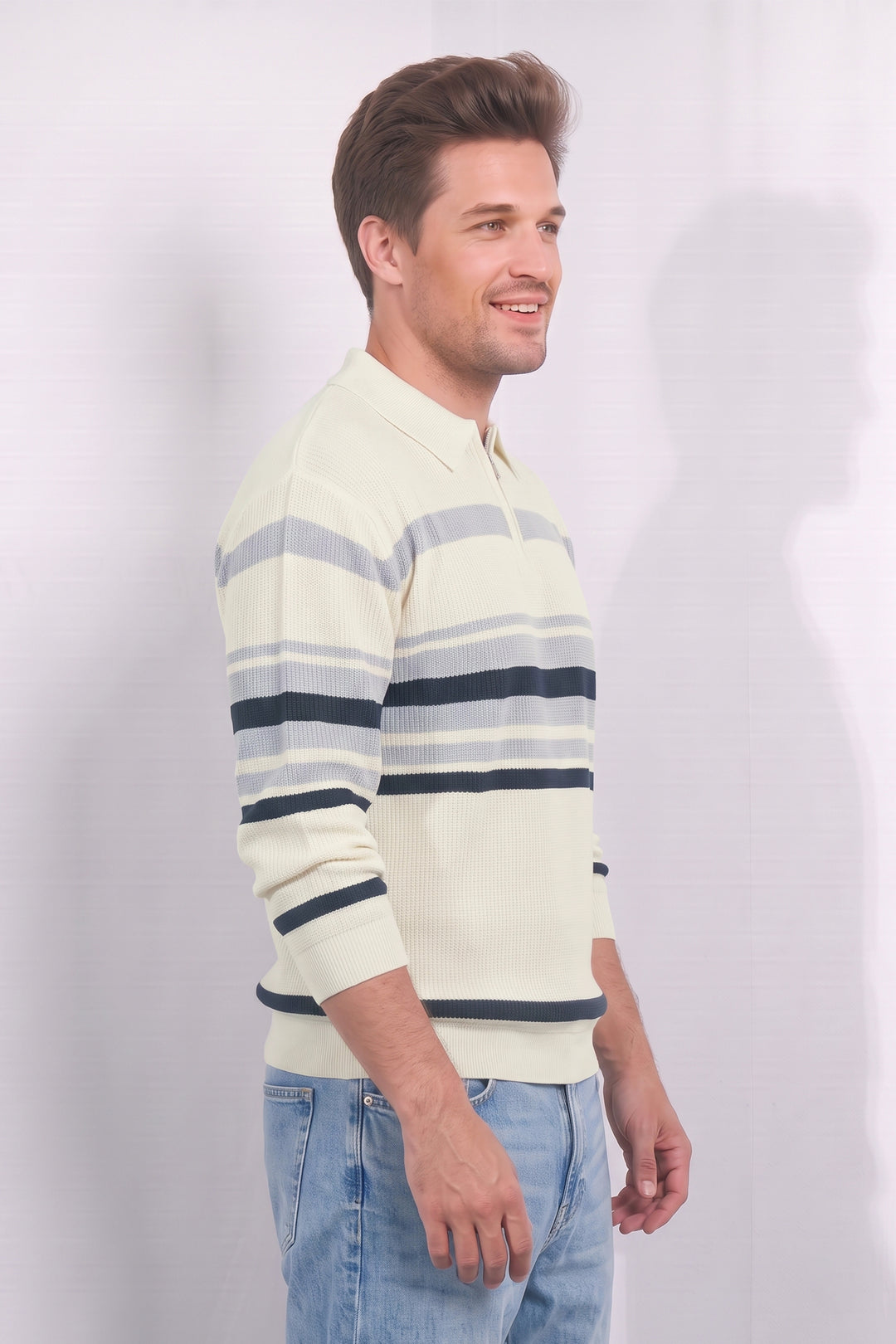 White Men Regular Fit Flat Knit Colorblocked Collar Neck Pullover
