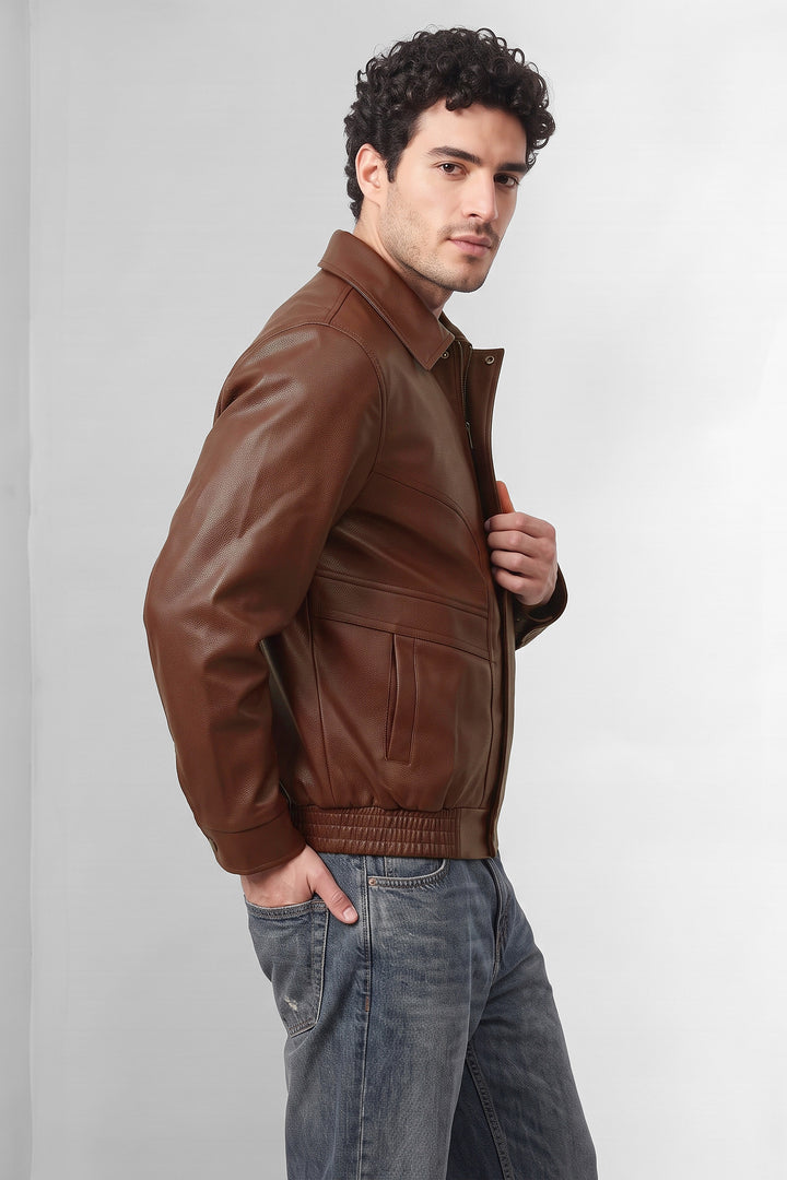 Brown Textured Faux Leather Heavy Jacket
