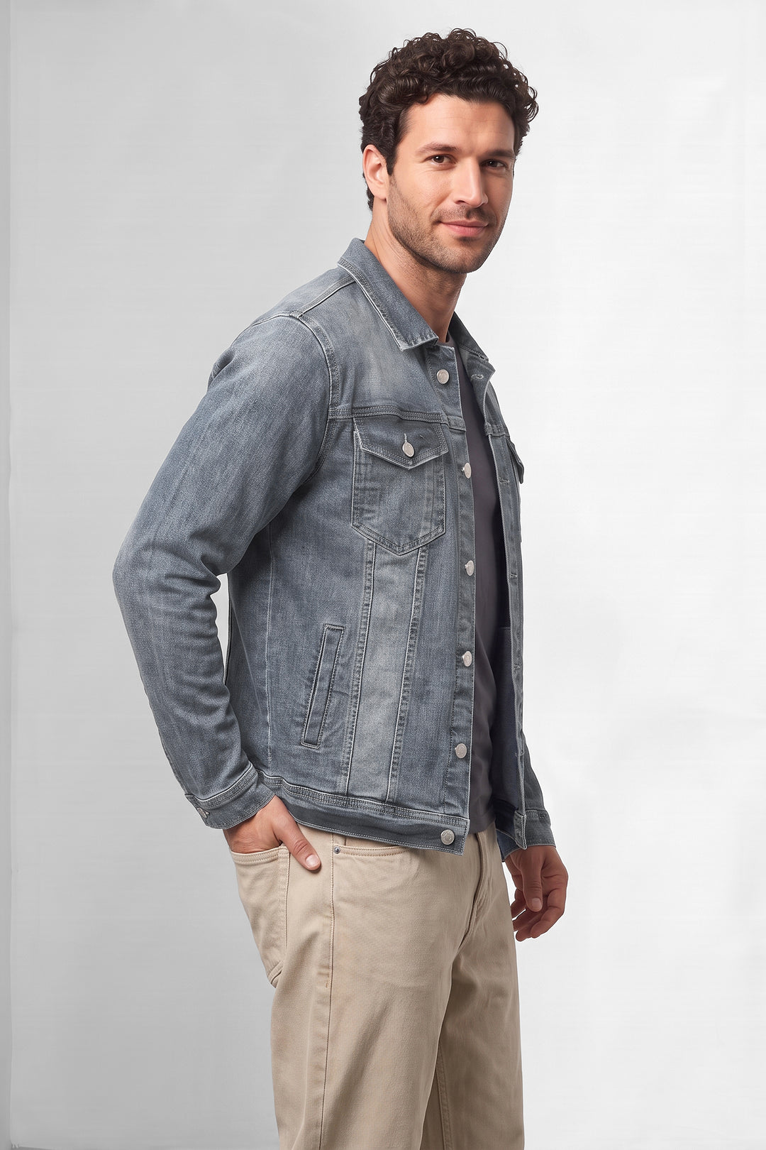 Dark Blue Classic Denim Trucker Jacket with Button Closure