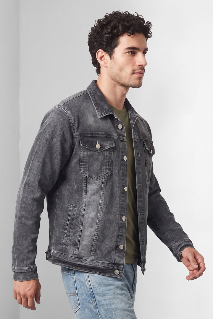 Dark Grey Classic Denim Trucker Jacket with Button Closure