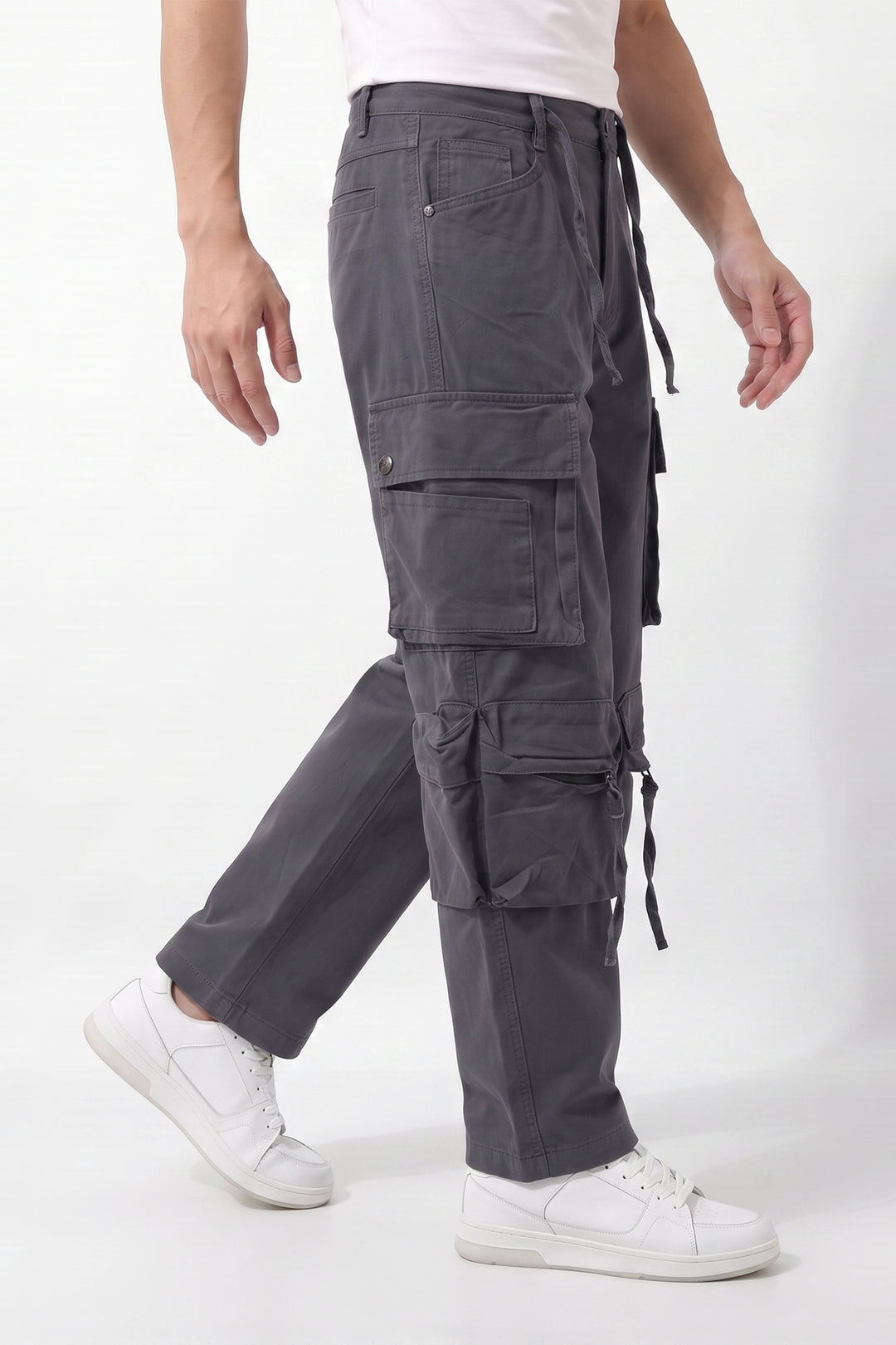 Gritstones Men's Steel Grey Utility 10 Pocket Cargo Pants