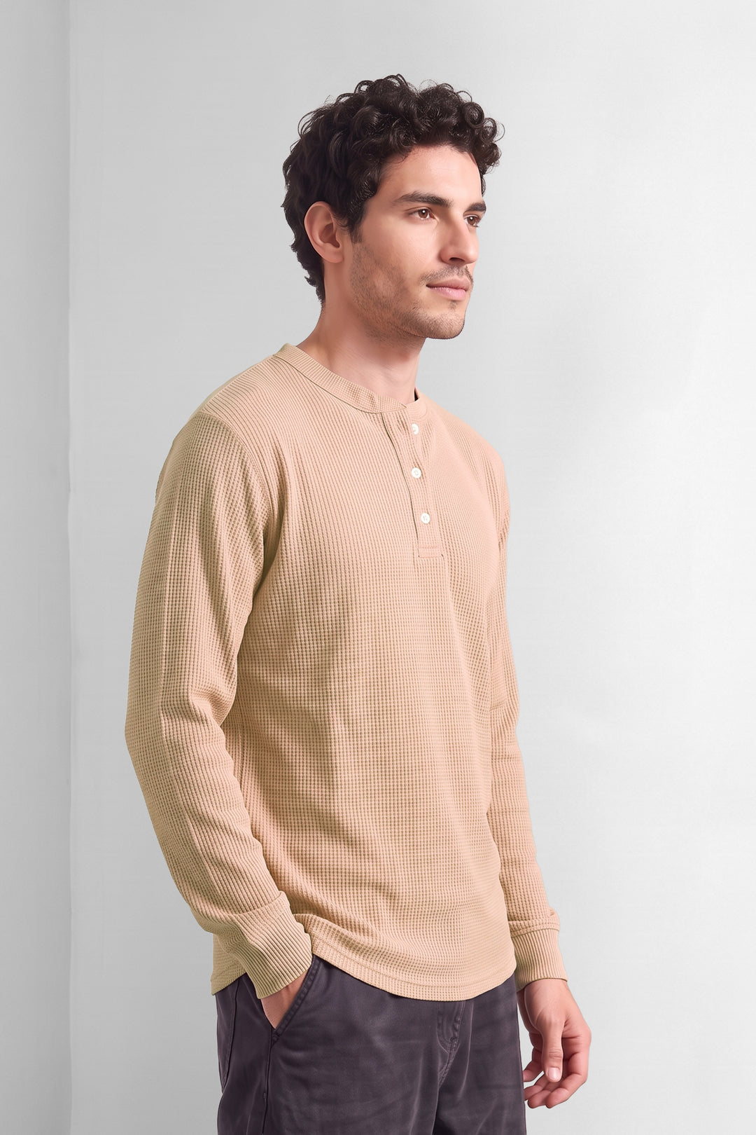 Peach Waffle-Knit Long Sleeve Henley T-Shirt