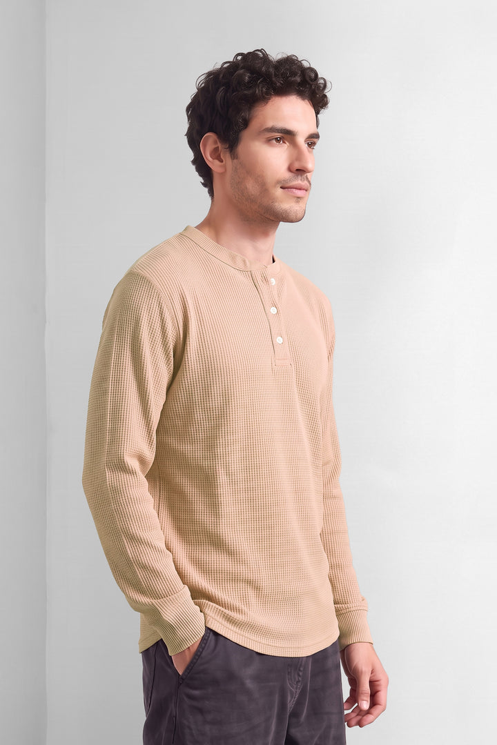 Peach Waffle-Knit Long Sleeve Henley T-Shirt