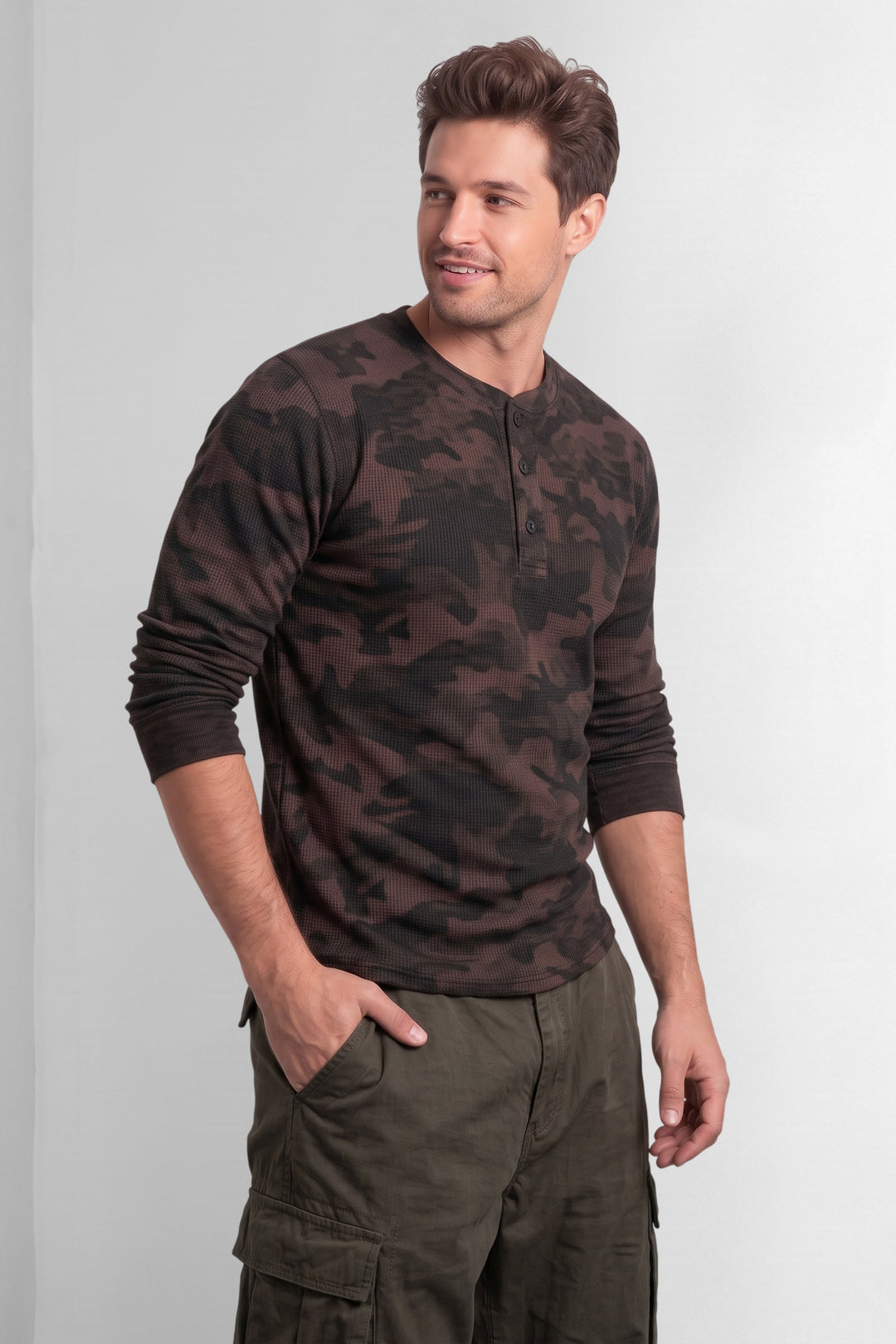 Grey Multi Self Waffle Knit Henley T-Shirt