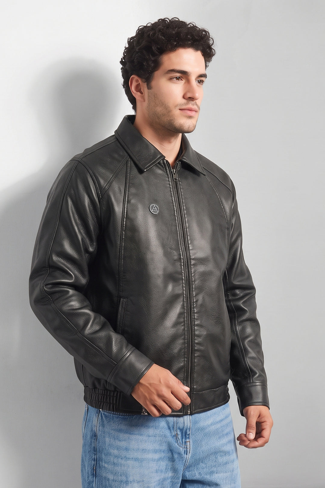 Black Textured Faux Leather Zip-Front Jacket
