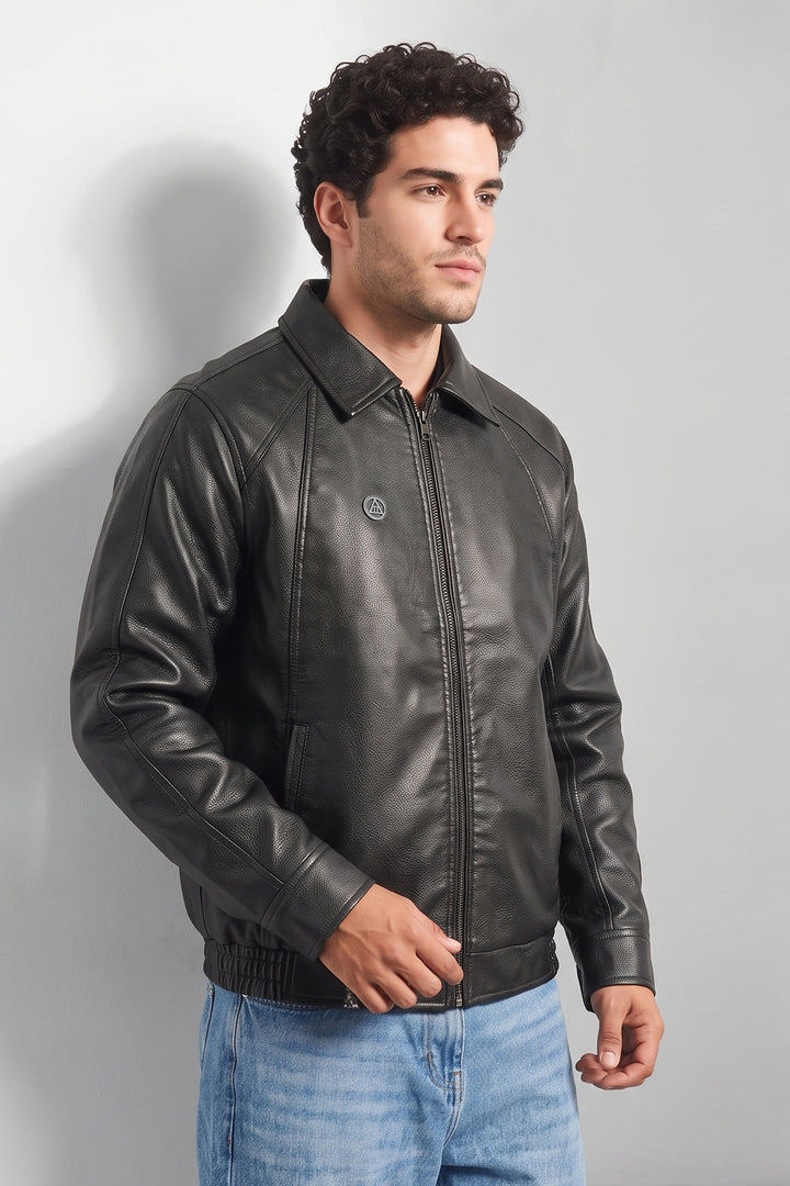 Black Textured Faux Leather Zip-Front Jacket