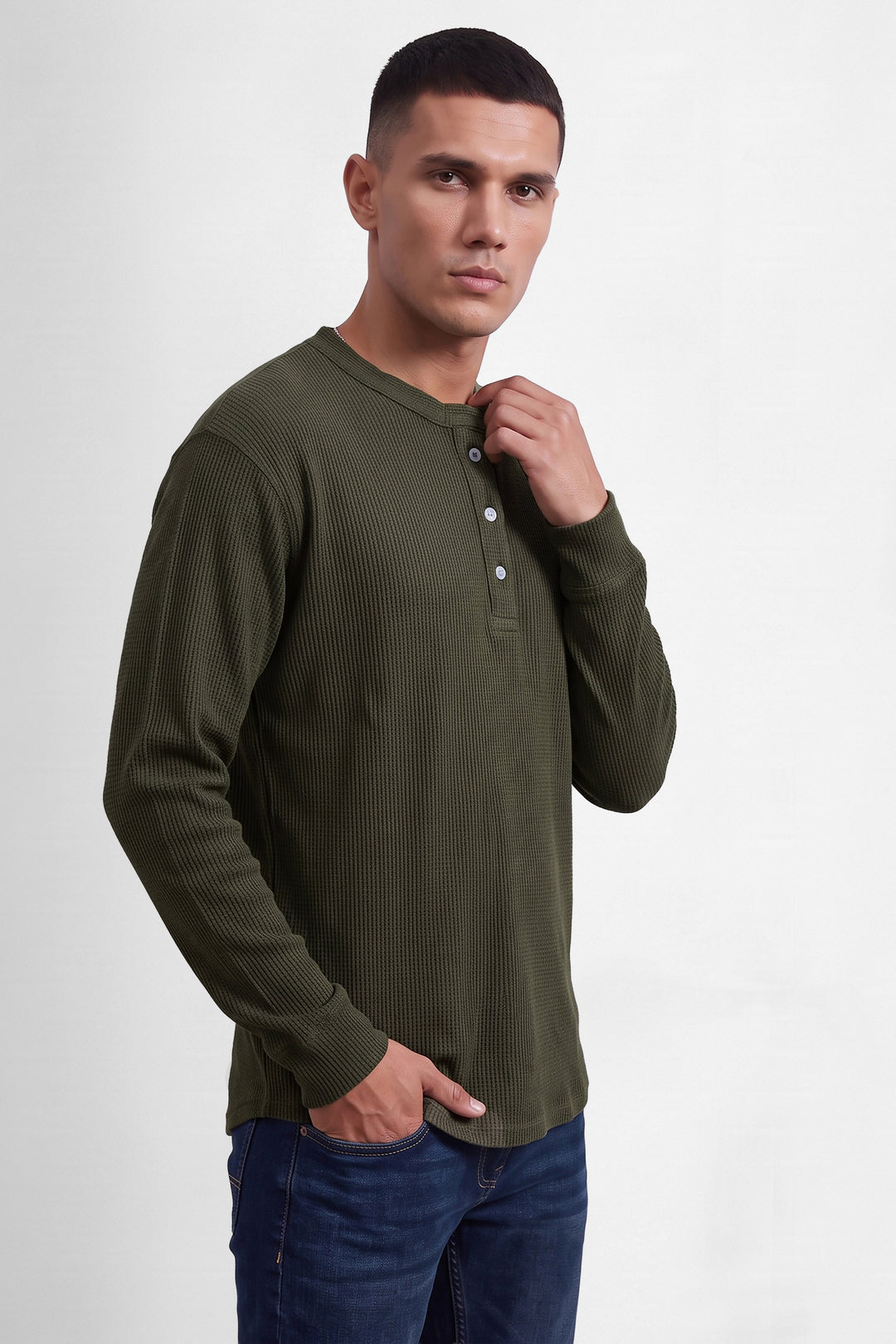 Olive Men’s Waffle Knit Henley T-Shirt | Full Sleeve Textured Casual Top | Button Placket Regular Fit Shirt for Casual & Everyday Wear