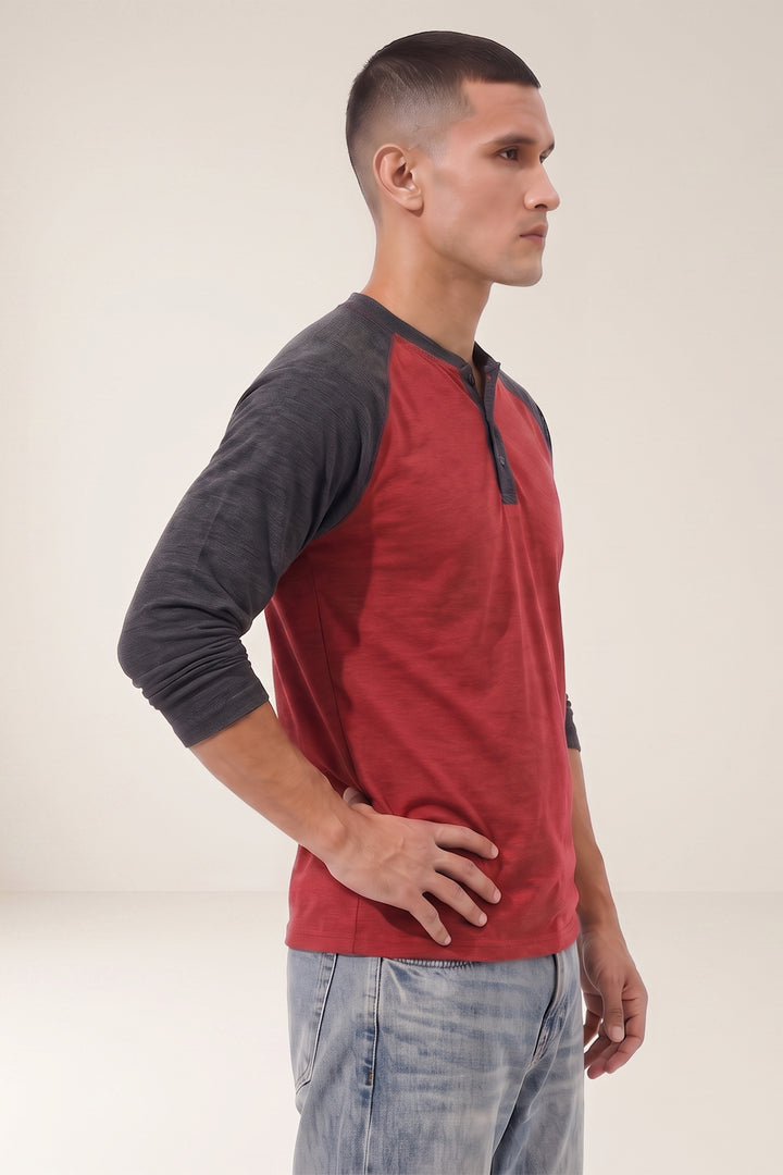 Maroon Full Sleeve Color Blocked Henley T-Shirt