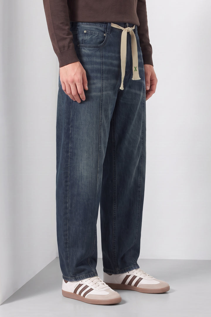 Blue Barrel Fit Denim Jeans with Contrast Drawstring Detail