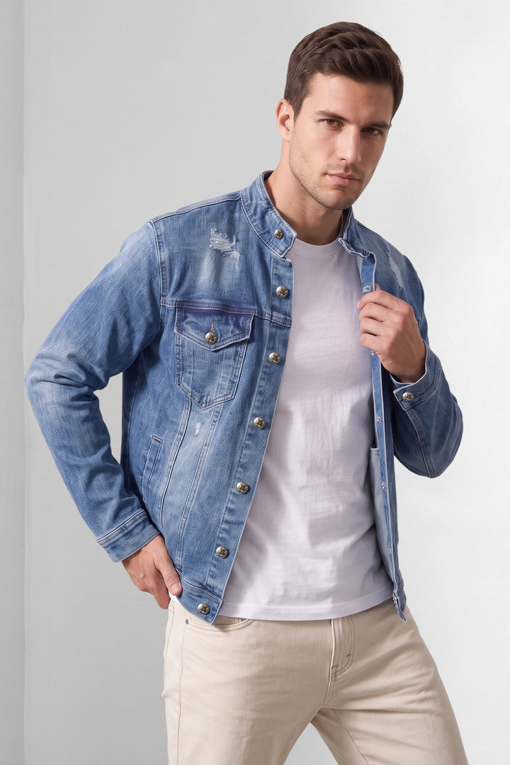 Blue Washed Denim Jacket with Stand Collar and Button Closure