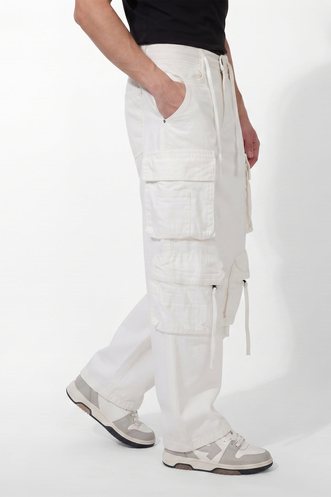 Gritstones Men's White Utility 10 Pocket Cargo Pants