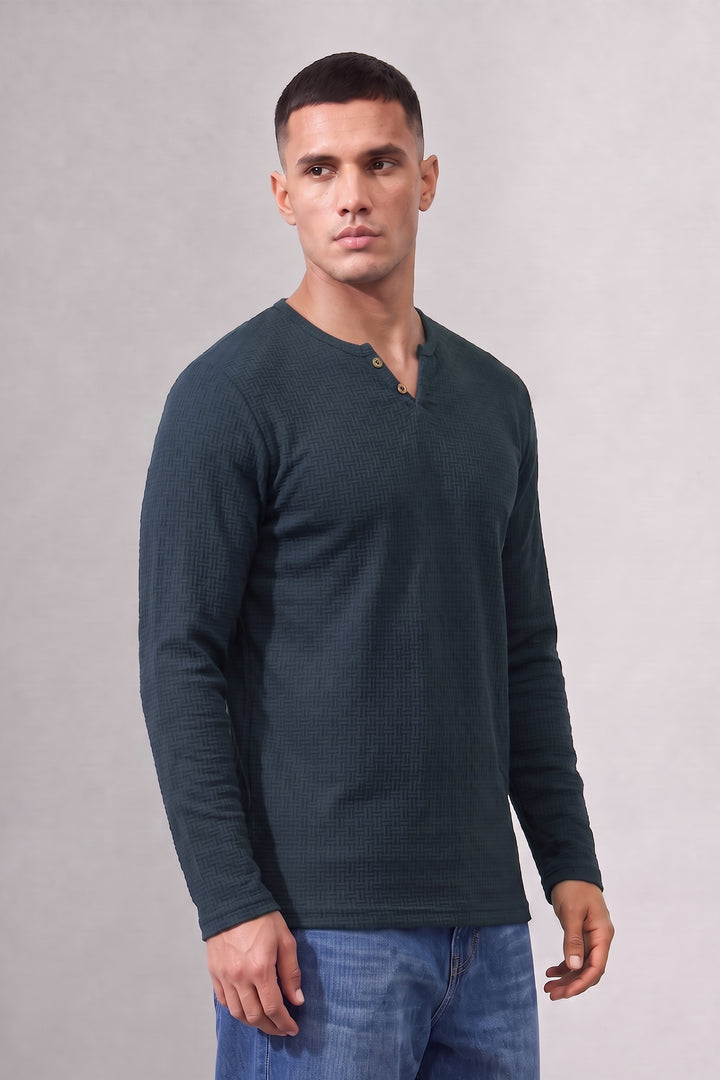 Navy Blue Cotton Knit Full Sleeve Henley T-Shirt