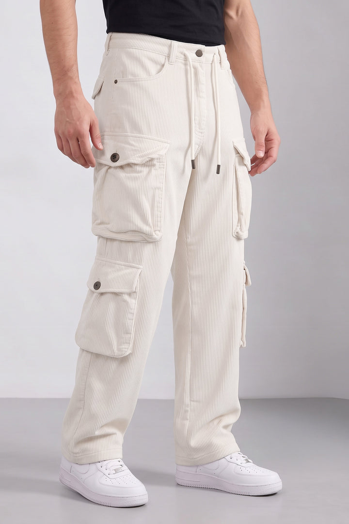 Cream Men 8 Multi Pocket Coudroy Cargos