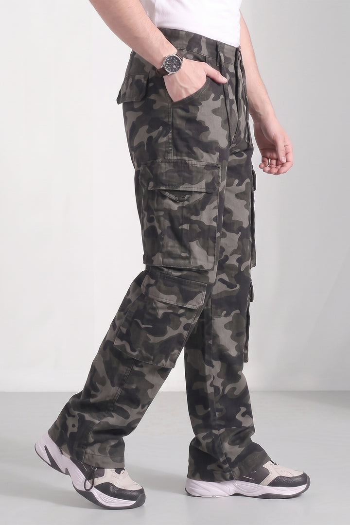 Grey Mens Camouflage 8-Pocket Cotton Cargo Pant