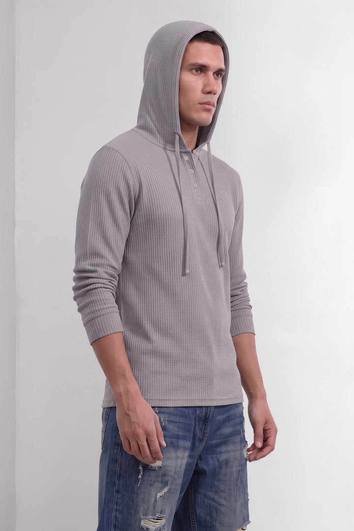 Grey Waffle Placket Hooded T-Shirt