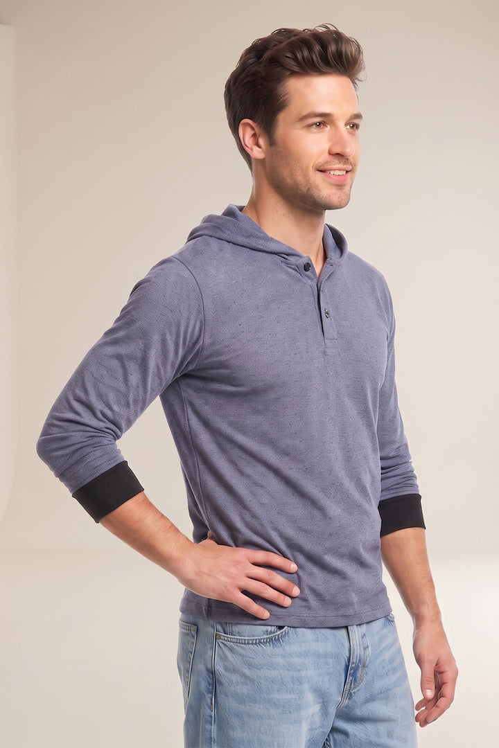 Grey Hooded Full Sleeve Cotton T-Shirt