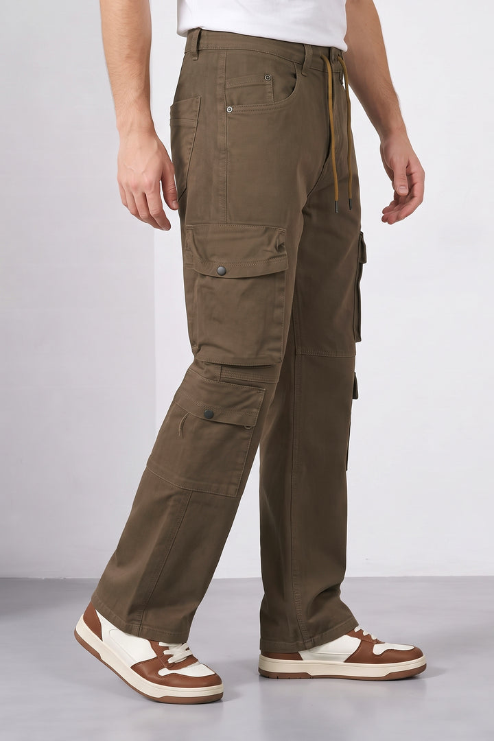 Brown Men 8 Multi Pocket Cotton Cargo Trousers