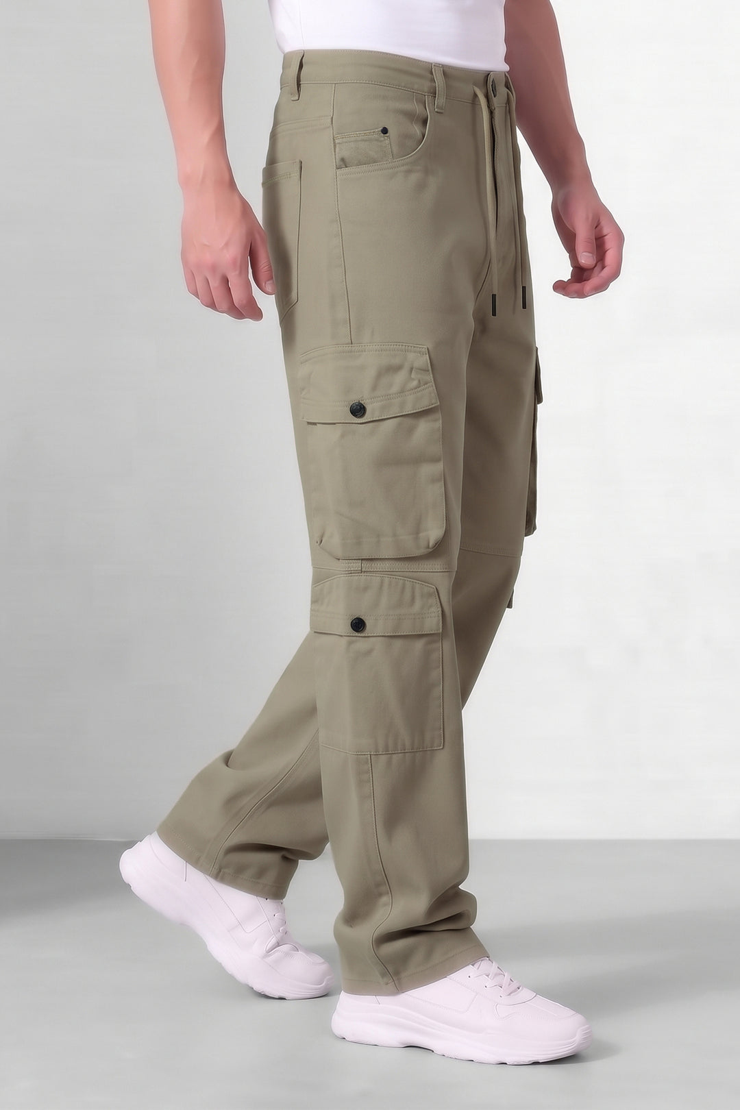 Beige Mens 8 Multi-Pocket Cargo Trousers